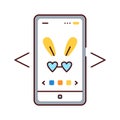 Digital face application color line icon. Photo filter bunny ears in smartphone. Pictogram for web page, mobile app, promo. UI UX