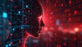 Digital face on profile view dissolving into glowing red binary code. Futuristic AI concept shows human interacting with data Royalty Free Stock Photo