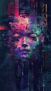 Digital face woman abstract cyber art technology virtual world code matrix glitch data processing