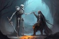 Digital fantasy illustration: Warrior bowing to undead ghost king after a fierce losing battle - Generative AI