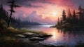 Digital Fantasy Landscape: Sunset Over The River Painting Royalty Free Stock Photo