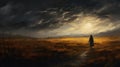 Digital Fantasy Landscape: Woman Walking In Dark Field