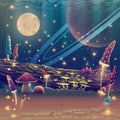 Digital fantasy mushroom garden or magic park illustration, night forest landscape art with stars, moon, planets in space, outdoor Royalty Free Stock Photo