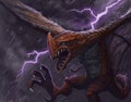 Digital fantasy painting of red dragon creature flying through a lightning storm