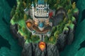 Digital fantasy painting of a top-down view of a castle nestled on a mountain - 3D illustration - Generative AI