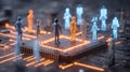 Digital figures interact on a microchip, showcasing technology and innovation in a futuristic setting Generative AI Royalty Free Stock Photo