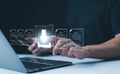 Digital File Download and Data Transfer Technology. Person interacting with digital interface to download files, symbolizes modern