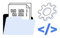 Digital File Management with Binary Code, Gear, and Coding Symbol for Data and Programming Themes Royalty Free Stock Photo