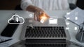 Digital File Management and Cloud Computing Concept with Icons of Security, Data Transfer, and Organization on Laptop in Royalty Free Stock Photo