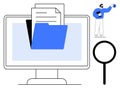 Digital File Management with Document Folder, Magnifying Glass, and Person Accessing Data Royalty Free Stock Photo
