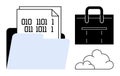 Digital file management with folder, binary code documents, cloud, and briefcase representation Royalty Free Stock Photo