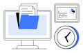 Digital file management with folder on desktop screen, clock, and statistics on a tablet dashboard Royalty Free Stock Photo