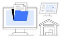 Digital File Management System and Data Storage Concept with Computer Screen, Folder, Documents, and Warehouse Royalty Free Stock Photo