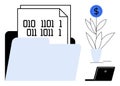 Digital file storage with binary code and financial growth concept featuring dollar sign and laptop Royalty Free Stock Photo