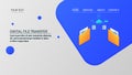 Digital file transfer, cloud server, data transfer from file to file, isometric design, landing page template.