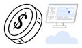 Digital Economy Concept with Dollar Coin, Computer Screen, and Cloud Computing Elements Royalty Free Stock Photo