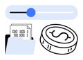 Digital finance illustration with binary code, file folder, coin, and slider for data access and control Royalty Free Stock Photo
