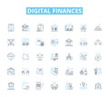 Digital finances linear icons set. Cryptocurrency, Blockchain, Fintech, Mobile payments, E-wallets, Online banking