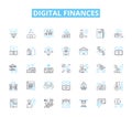 Digital finances linear icons set. Cryptocurrency, Blockchain, Fintech, Mobile payments, E-wallets, Online banking