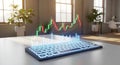 Digital financial graph with candlestick chart over glowing keyboard in modern office setting Royalty Free Stock Photo