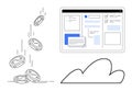 Digital financial growth concept with cloud storage, coins, and a user interface window Royalty Free Stock Photo