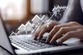 Digital financial growth and investment analysis concept with hands typing on keyboard, upward graph Royalty Free Stock Photo