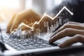 Digital financial growth and investment analysis concept with hands typing on keyboard, upward graph Royalty Free Stock Photo