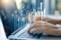 Digital financial growth and investment analysis concept with hands typing on keyboard, upward graph Royalty Free Stock Photo