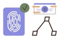Digital fingerprint authentication, molecular diagram, and website coding interface concept Royalty Free Stock Photo