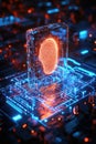 Digital fingerprint, A futuristic holographic display featuring a fingerprint icon, levitating above an intricate digital