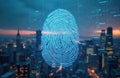 Digital fingerprint hovers over cityscape background. Blue neon lines and binary code form abstract data network. Futuristic Royalty Free Stock Photo