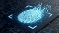 Digital fingerprint scan dissolving into data particles on a circuit board background Royalty Free Stock Photo