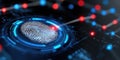 Generative AI Digital Fingerprint Scan With Glowing Red and Blue Network Nodes Representing Biometric Security and Royalty Free Stock Photo