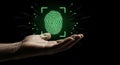 Digital fingerprint scan hovers above a hand representing biometric security systems Royalty Free Stock Photo
