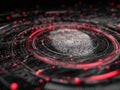Digital fingerprint scanning with futuristic red data points and circular interface design representing biometric security and Royalty Free Stock Photo