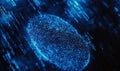 Digital fingerprint technology, glowing blue fingerprint on dark background, binary code elements, cybersecurity concept Royalty Free Stock Photo