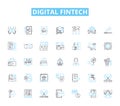 Digital fintech linear icons set. Cryptocurrency, Blockchain, Peer-to-peer, Mobile, Artificial Intelligence, Virtual