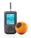 Digital fish finder and orange underwater probe isolated on white background. 3D illustration