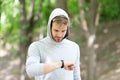 Digital fitness. modern fitness is digital. man with fitness bracelet. digital marketing in sport. digital technology in Royalty Free Stock Photo