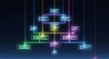 Digital flow chart with glowing neon lines connecting data blocks, representing network Royalty Free Stock Photo