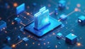 Digital folders float above tech tablet displaying data. Network connections link abstract glowing circuits and cubes. Secure Royalty Free Stock Photo