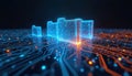 Digital folders glow blue on circuit board. Data moves between files on virtual network. Abstract tech illustration shows modern Royalty Free Stock Photo
