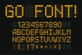 Digital font for led board, scoreboard, clock board. Yellow typeset for electronic display. Infoboard letters, signs and