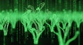 Digital Forest Binary Code Trees Growing in Futuristic Neon Green Matrix Royalty Free Stock Photo