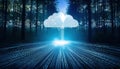 digital forest with interconnected trees and binary code streams, showcasing cloud symbolizing data flow and technology. scene Royalty Free Stock Photo