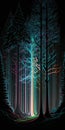 Digital forest of neon lines in the dark digital illustration art