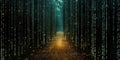 Digital forest pathway illuminated by glowing binary code and data streams Royalty Free Stock Photo