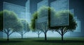 Digital Forest Trees intertwined with binary code screens symbolizing data and nature integration Royalty Free Stock Photo
