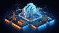 Digital Fortress of Cybersecurity: 3D Graphic with Encrypted Factory Datastreams
