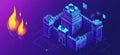 Digital Fortress with Flames and Security Icons in Futuristic Design, copy space for text